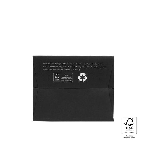 Image of Black reusable bag with recycling and FSC labels on a white background