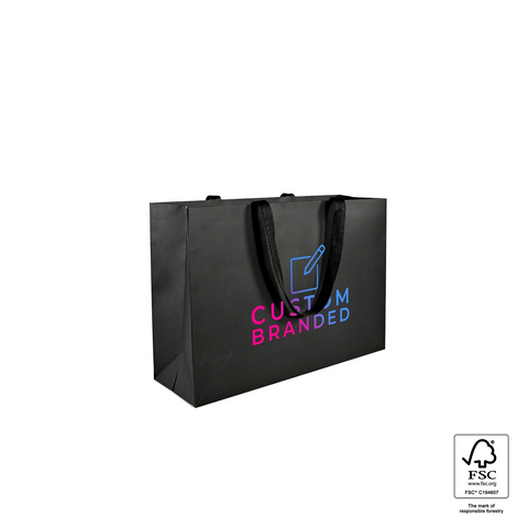 Image of Black paper bag with 'Custom Branded' text on a white background