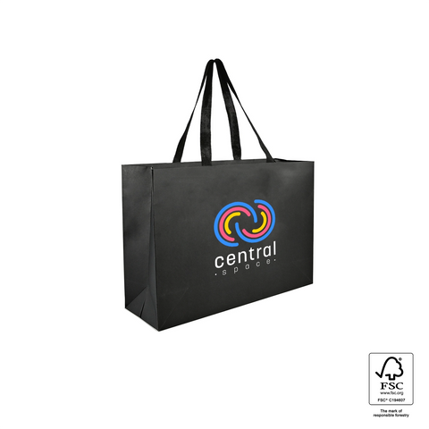 Image of Black tote bag with colorful logo and text on a white background