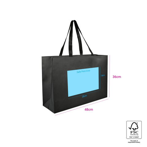 Image of Black tote bag with a blue screen and measurements on a white background