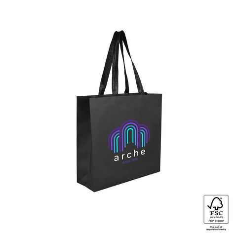 Image of Black tote bag with a blue design on a white background
