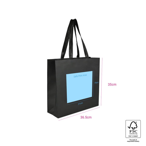 Image of Black tote bag with safe print area on a white background