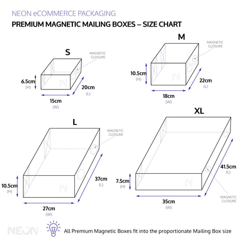 Image of Magnetic gift box size chart comparing small, medium, large and extra-large options
