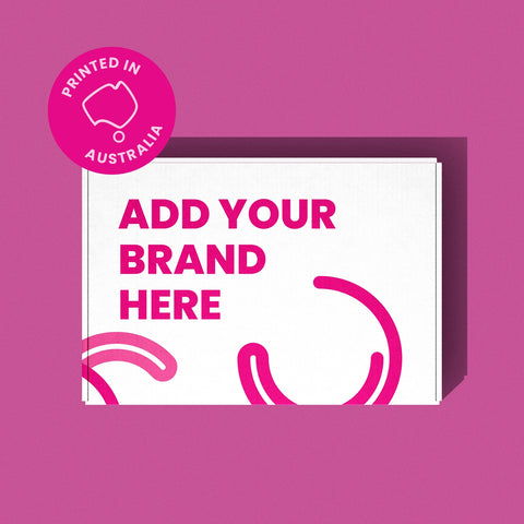 Image of Card with text 'Add your brand here' on a pink background, featuring a printed in Australia label.