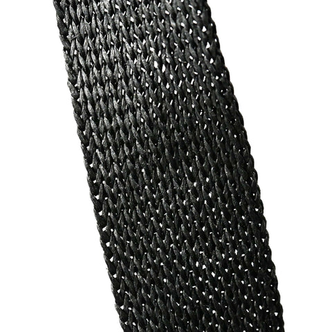 Image of A close-up of a black woven strap or band with a textured, braided pattern, shown diagonally against a plain white background.