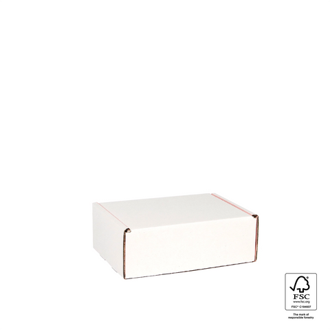 Image of White cardboard box with FSC certification logo on a white background