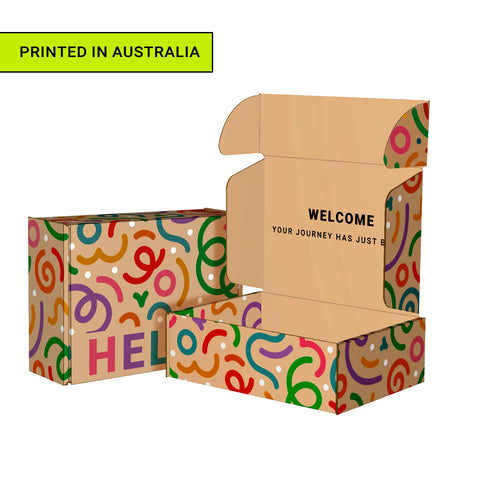 Image of Cardboard box with colorful pattern and text 'WELCOME YOUR JOURNEY HAS JUST BEGUN' on a white background.