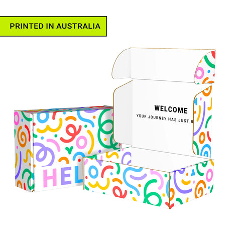 Image of Colorful box with abstract patterns and text on a white background