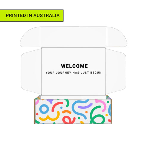 Image of Cardboard box with colorful patterned base and text 'Welcome, your journey has just begun' printed in Australia.