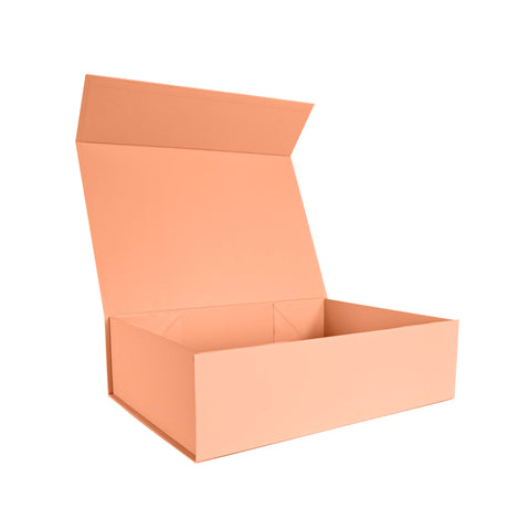 Image of Large peach magnetic gift box showing magnetic closure and interior space - custom packaging